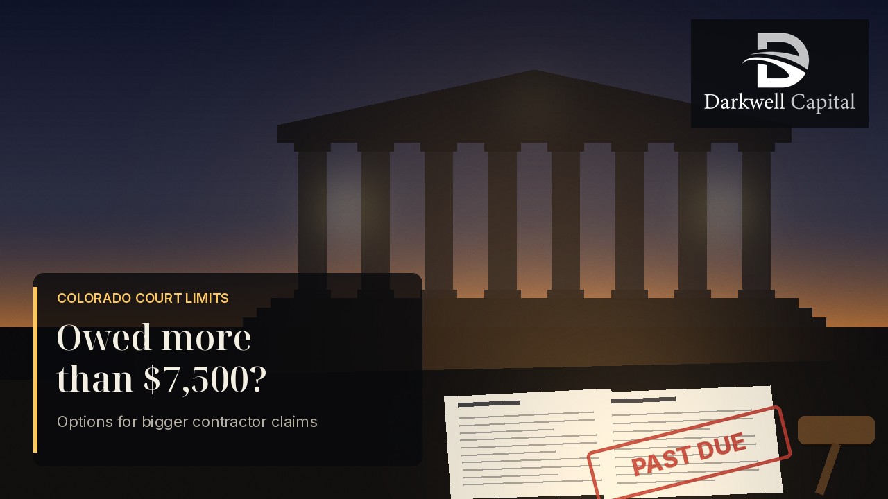 Courthouse at dusk with a past due invoice and gavel