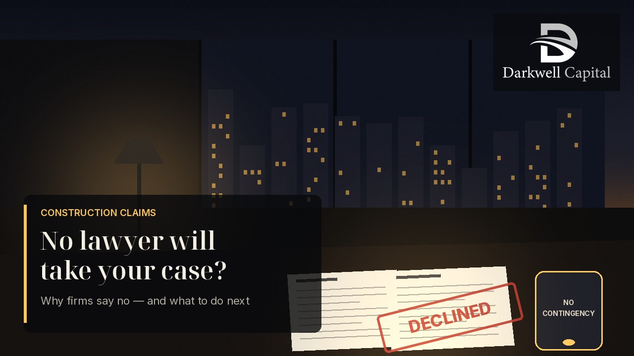 Illustrated night desk with construction claim paperwork stamped DECLINED