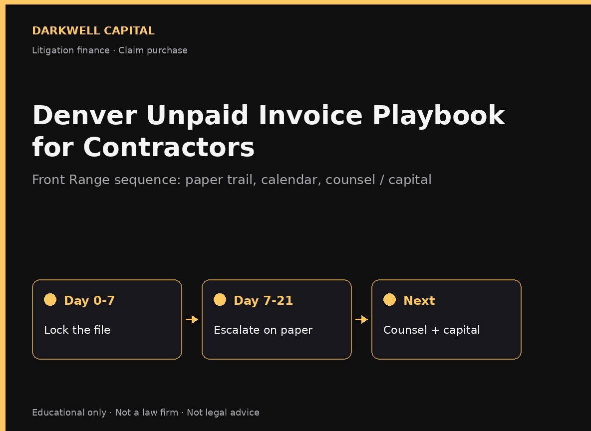 Darkwell Capital dark and gold branded title card for Denver Unpaid Invoice Playbook showing Day 0-7 lock the file, Day 7-21 escalate on paper, then counsel plus capital