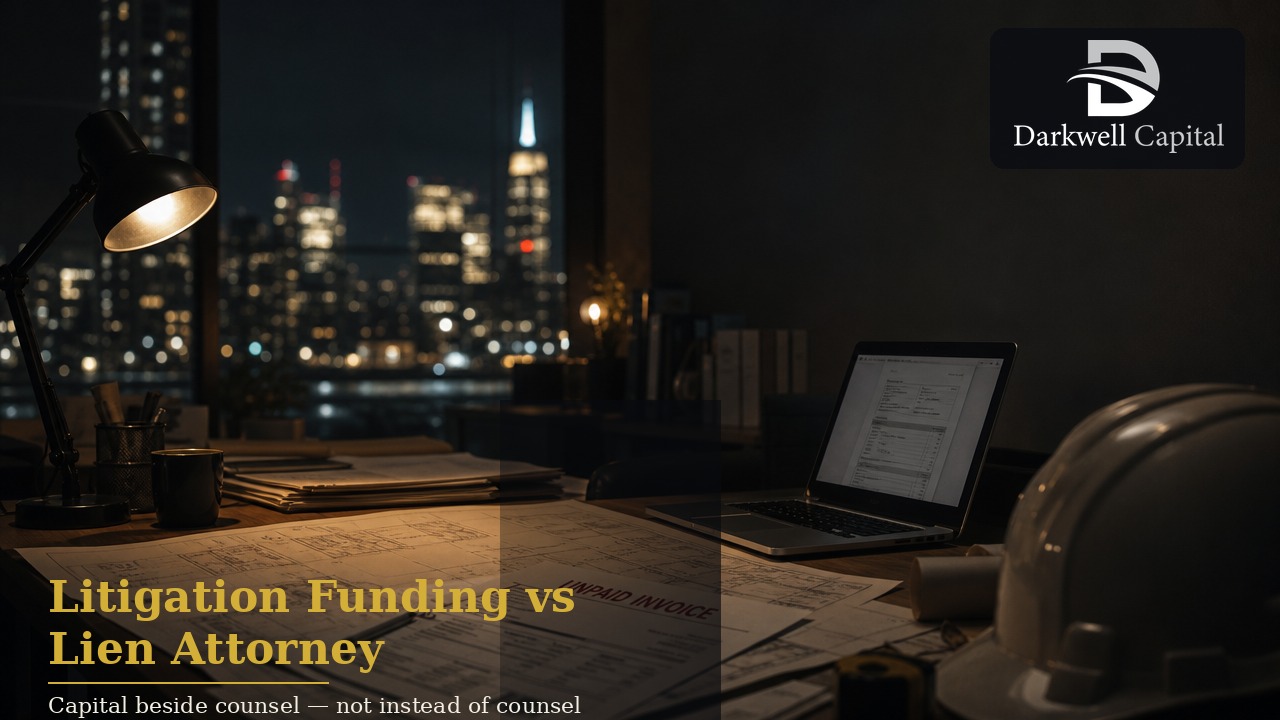 Cinematic Darkwell Capital featured image: unpaid invoice on contractor desk at night; exact Darkwell logo; Litigation Funding vs Lien Attorney — capital beside counsel.
