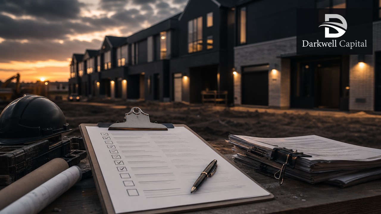 Darkwell Capital cinematic featured: HOA builder punch-list clipboard at dusk townhomes with exact Darkwell logo — educational only.
