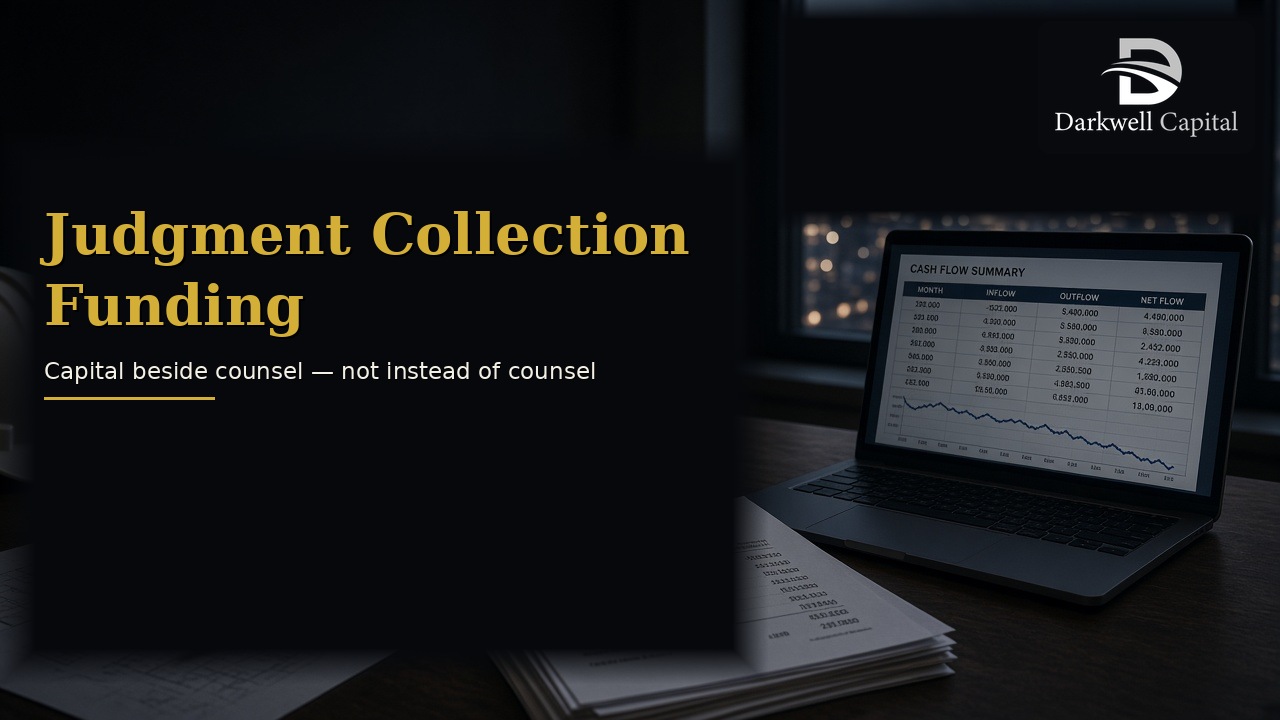 Cinematic night desk with cash-flow paperwork and official Darkwell Capital logo: Judgment Collection Funding — capital beside counsel. Educational only, not legal advice.