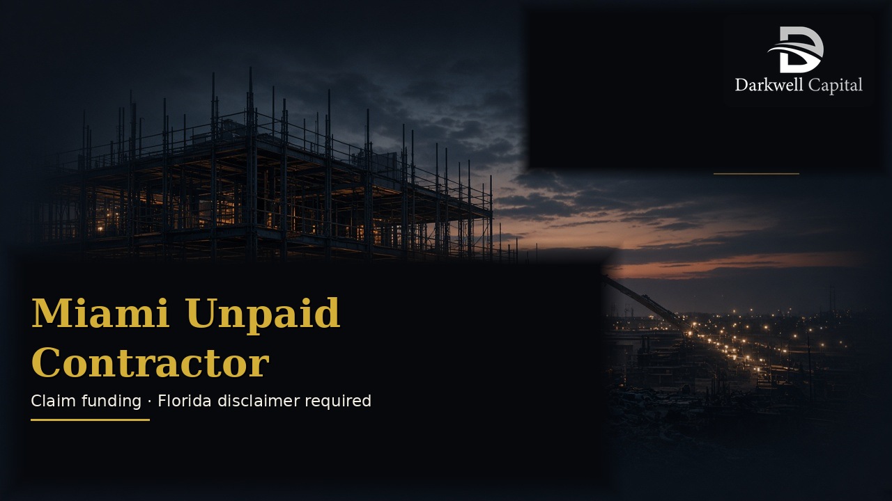 Cinematic dusk construction site with official Darkwell Capital logo: Miami Unpaid Contractor — claim funding, Florida disclaimer required. Educational only, not legal advice.