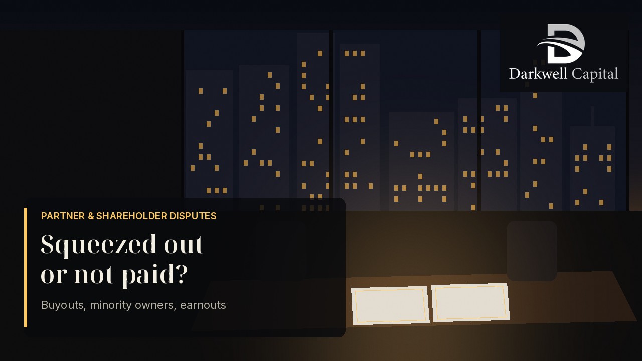 Empty boardroom at night overlooking a city skyline, with share certificates on the table
