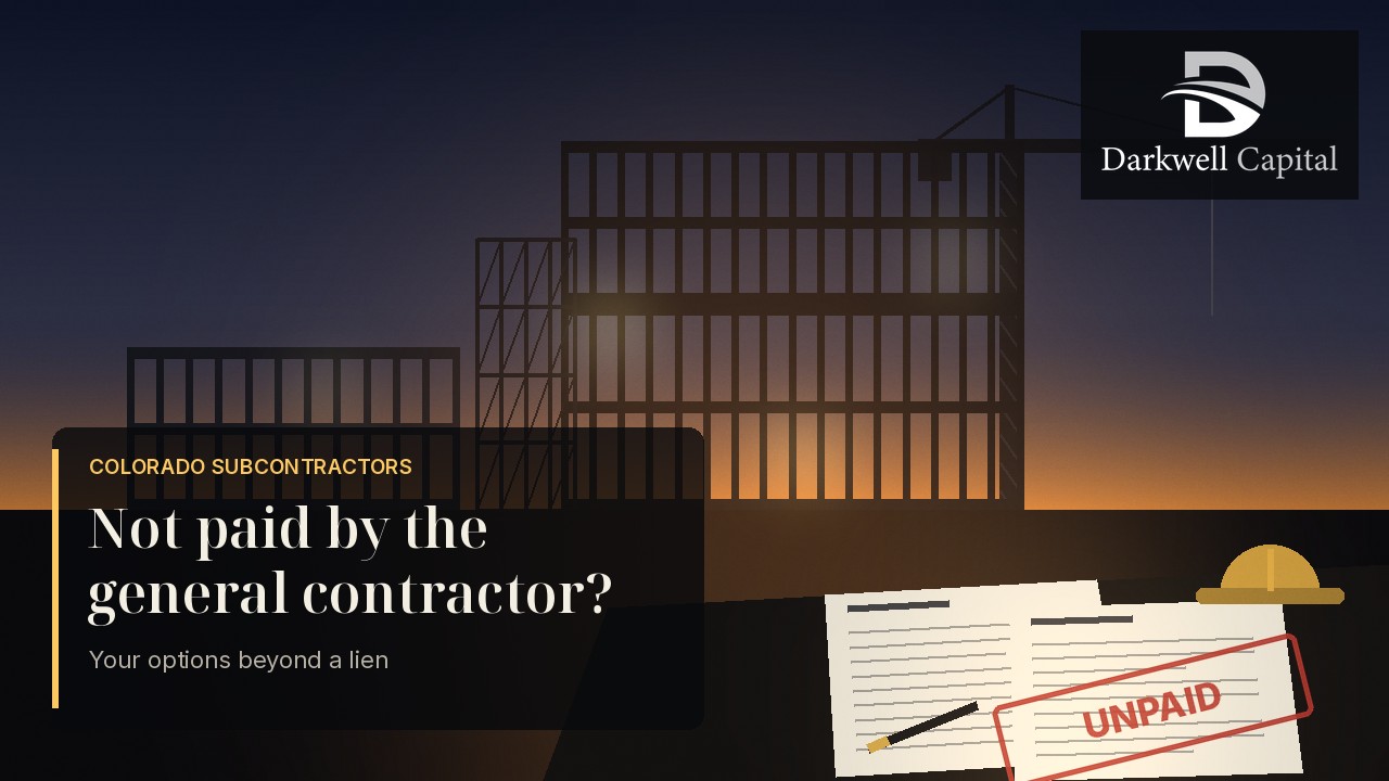Illustrated Colorado commercial job site at dusk with an invoice stamped UNPAID