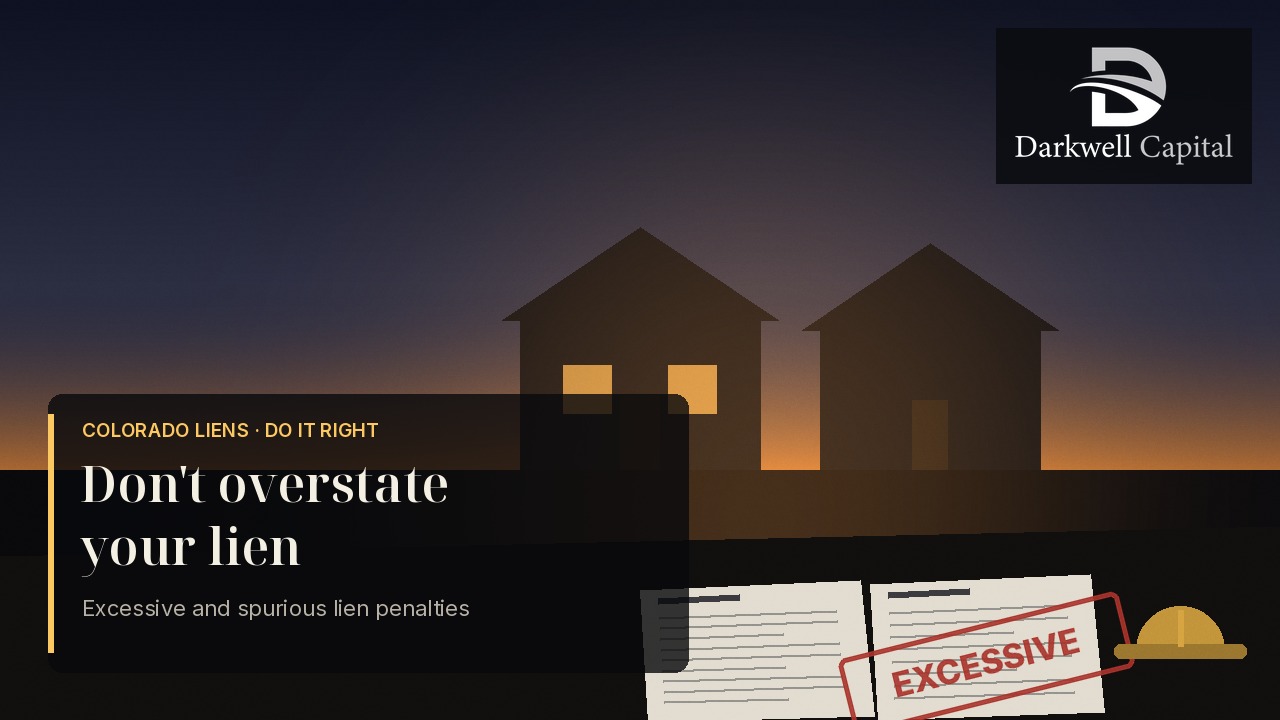Don't overstate your lien: Colorado homes at dusk with lien paperwork stamped excessive and the Darkwell Capital logo