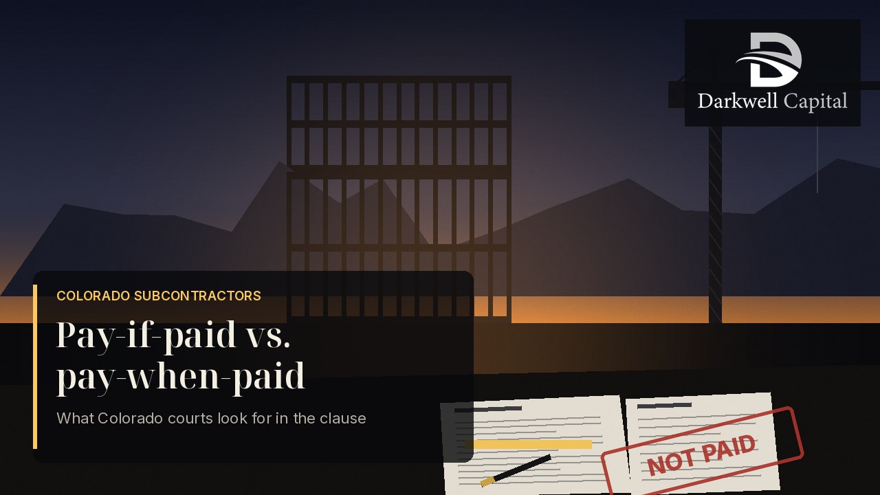 Building framing at dusk and a subcontract with a highlighted payment clause next to a page stamped not paid, with the Darkwell Capital logo and the headline Pay-if-paid vs. pay-when-paid