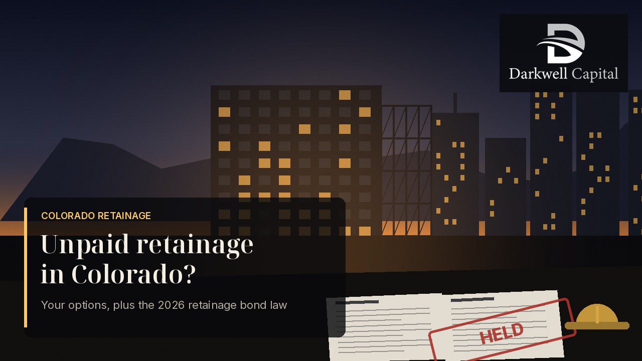 Commercial building and scaffolding at dusk with a pay application stamped held on a desk, with the Darkwell Capital logo and the headline Unpaid retainage in Colorado